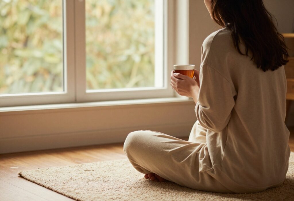 Person sitting on rug holding a mug of tea in a calm, sunlit room