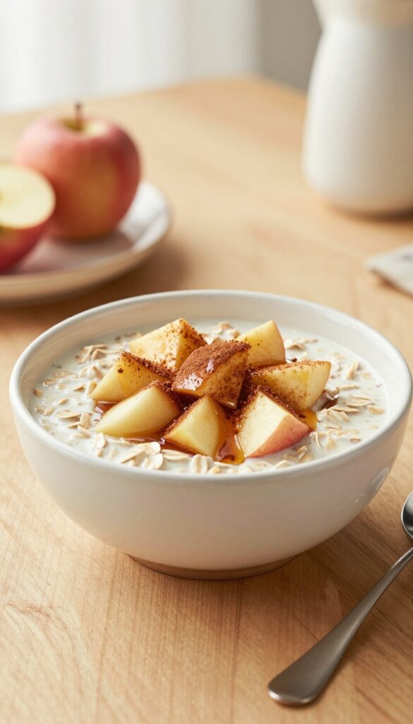 Creamy apple cinnamon steel-cut oats in a ceramic bowl on a wooden table in natural morning light.