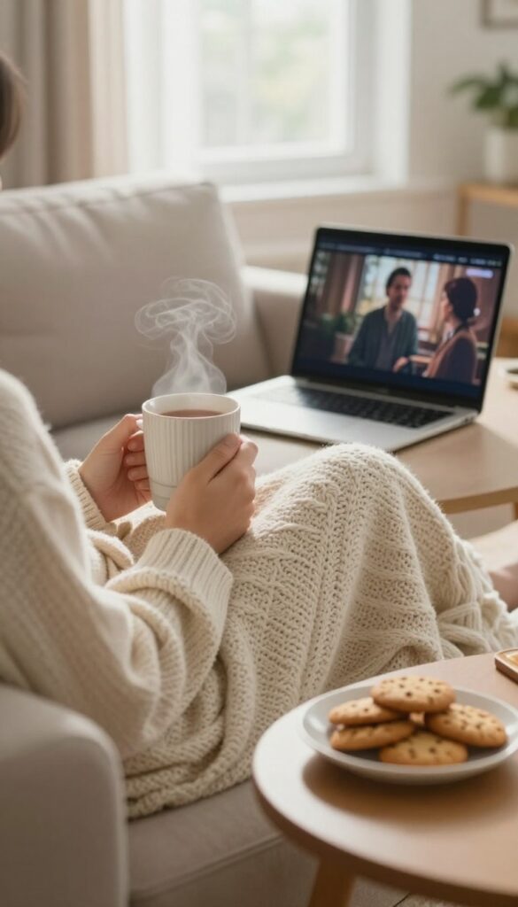Cozy living room with person watching a familiar movie on TV, wrapped in a blanket, drinking tea.