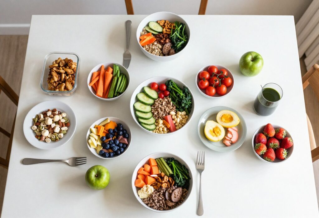 A colorful spread of gluten-free foods including fruits, vegetables, quinoa, and grilled chicken on a wooden table.