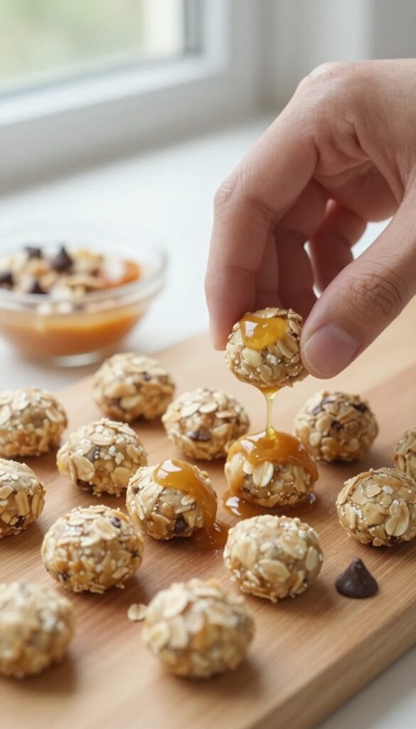 Hand rolling no-bake energy bites with oat and chocolate chip mixture on a wooden board