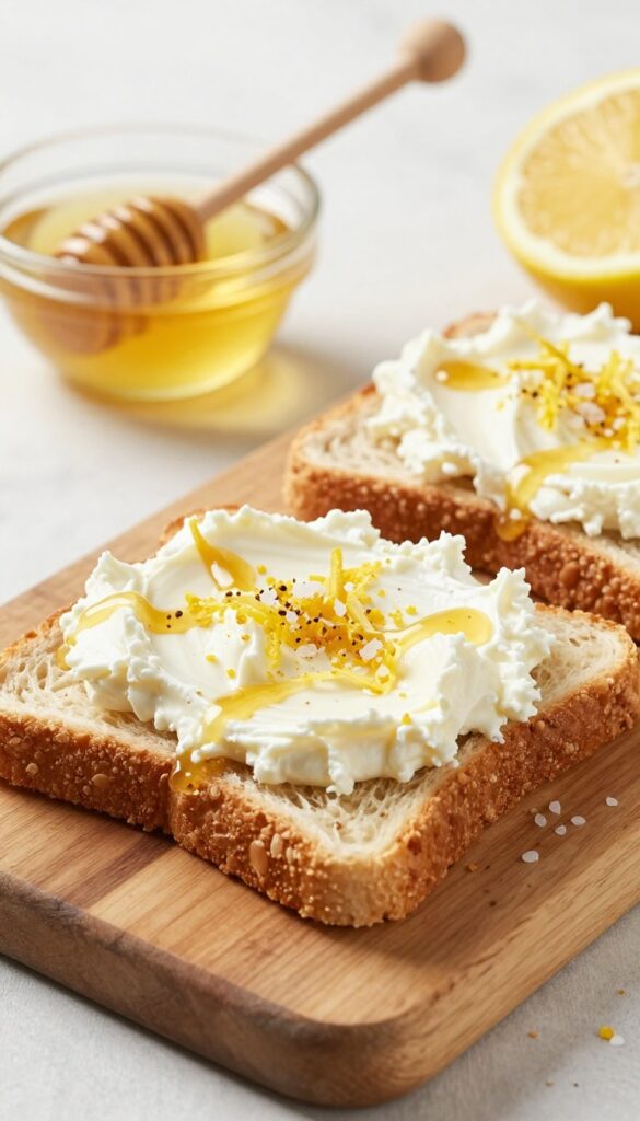 Honey lemon ricotta toast on a wooden board with honey and lemon nearby.