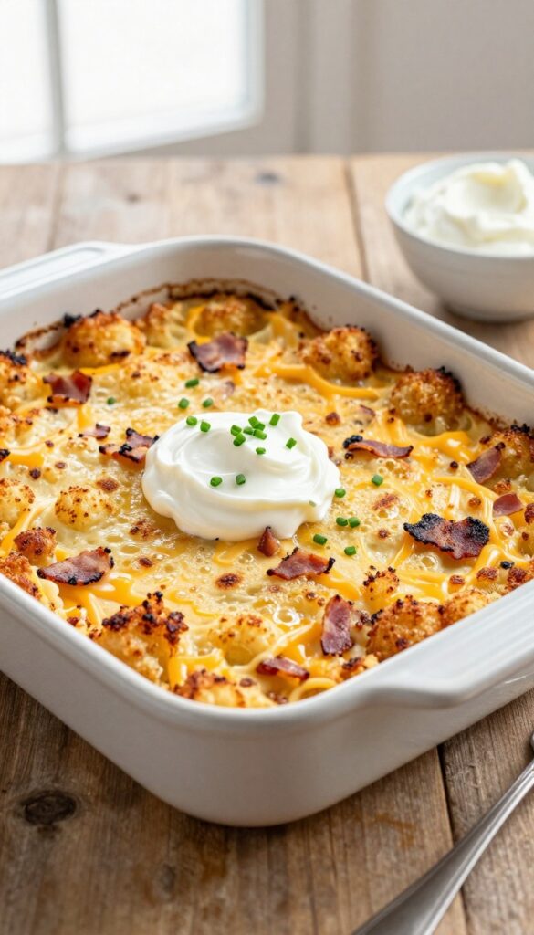 Cheesy bacon hash brown bake casserole with crispy top, sour cream, and chives on a wooden table.