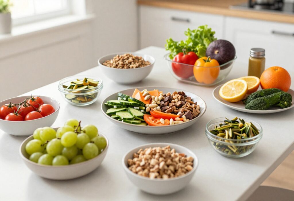 Kitchen counter with clock, water, fruits, vegetables, and notebook for planning fasting schedule.