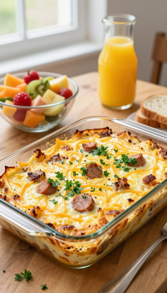 Baked egg and sausage casserole with melted cheese and parsley, served with fresh fruit and orange juice on a wooden table.