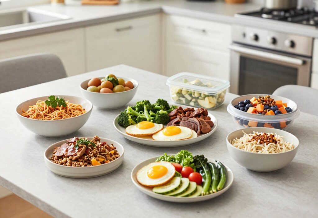 Mediterranean diet weeknight meal spread with Greek salad, salmon, lentil soup, and olives