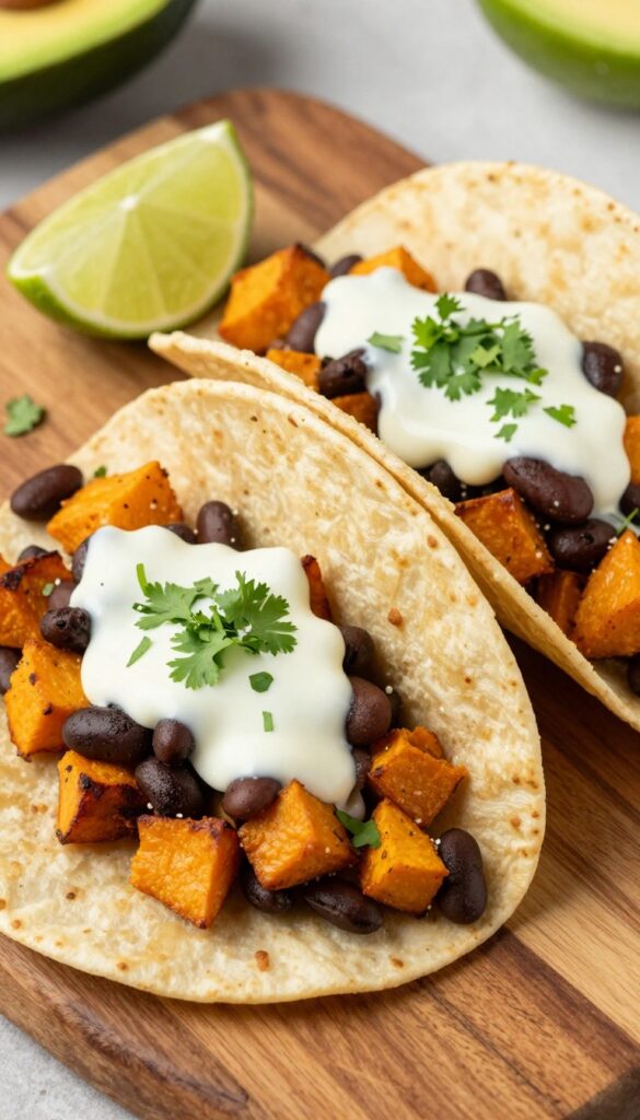 Two breakfast tacos with sweet potato, black beans, lime crema, and cilantro on a wooden board