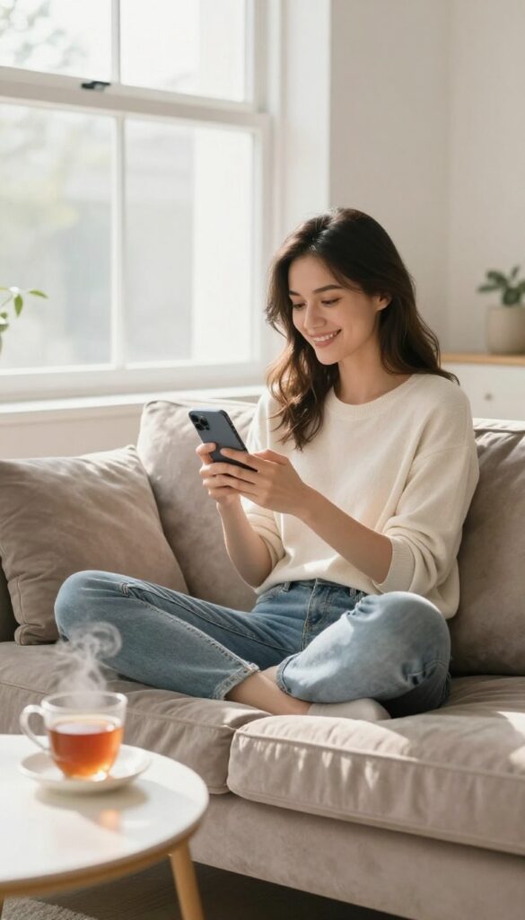 Woman smiling while texting a friend in a bright living room