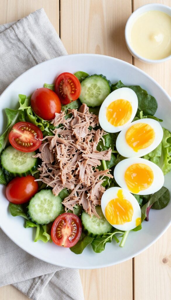 Tuna breakfast salad with soft-boiled eggs and lemon vinaigrette on a white plate