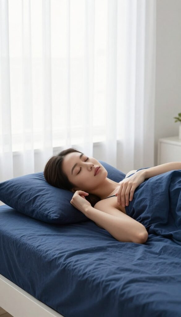 Woman taking a power nap on a comfortable bed in a bright, serene bedroom