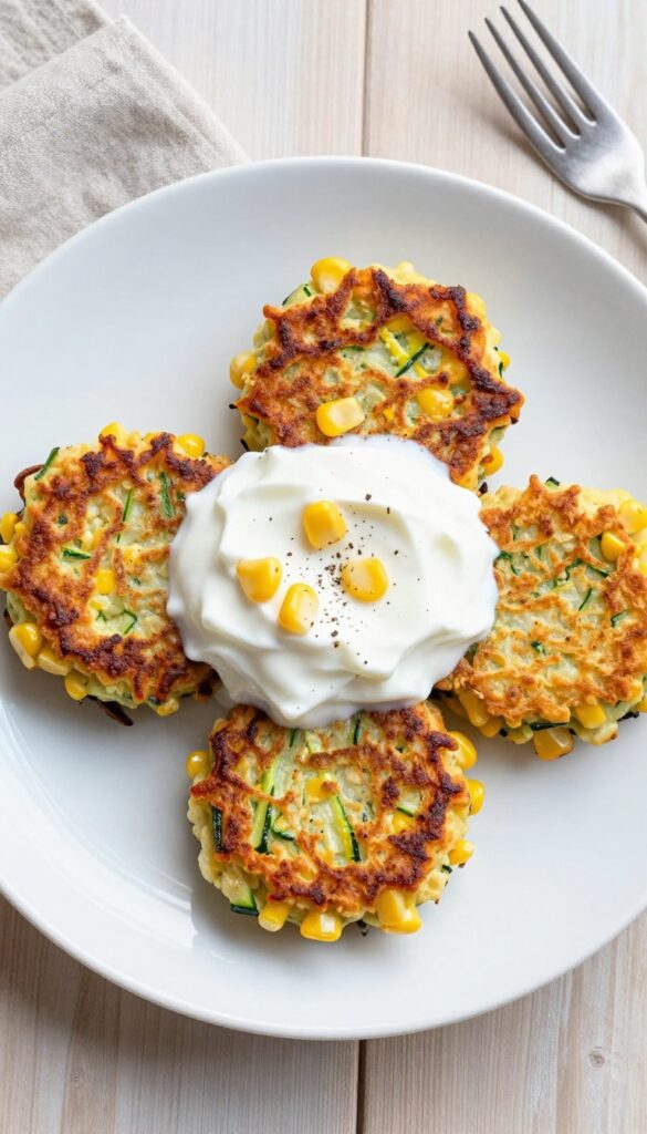 Golden zucchini and corn fritters with yogurt on a white plate