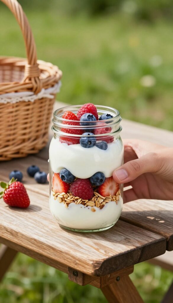 Mixed berry and yogurt parfait jar on a wooden picnic table outdoors