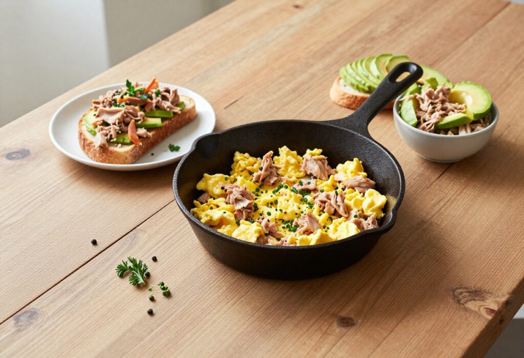 Overhead view of tuna breakfast dishes including scramble, toast, and salad on a wooden table.