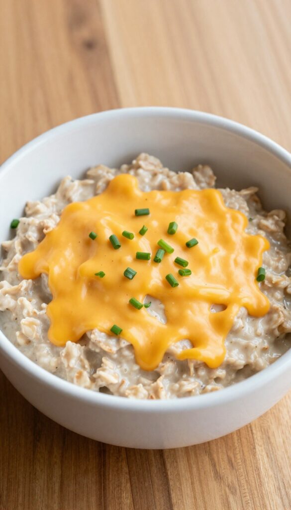 Savory oatmeal with cheddar and chives in a bowl on a wooden table