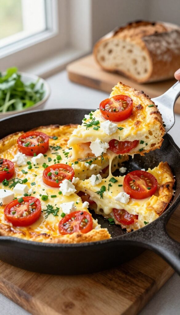 Herbed goat cheese and tomato frittata in a cast-iron skillet with a slice lifted by a spatula, rustic kitchen setting with bread and salad.