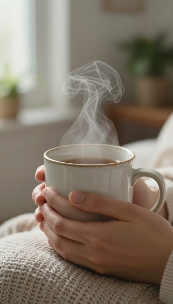 Hands holding a warm mug of tea or coffee in a cozy, sunlit room, embodying a self-care ritual.