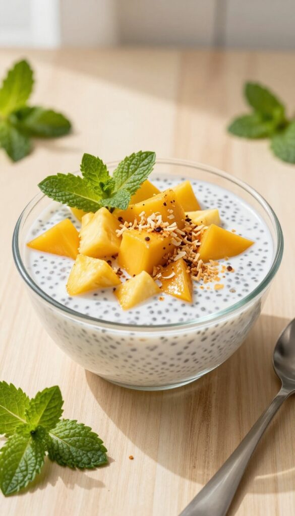Overnight chia pudding with tropical fruit toppings in a glass bowl on a wooden table