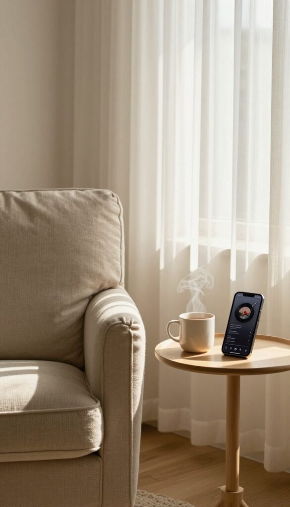 Cozy living room corner with armchair, tea, and phone showing music playlist