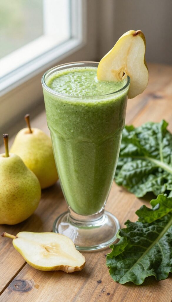 Pear Ginger Green Smoothie in a glass with fresh pears, ginger, and Swiss chard on a wooden table