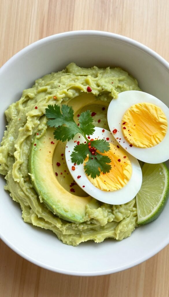 Avocado and egg breakfast bowl with soft-boiled egg and chili flakes