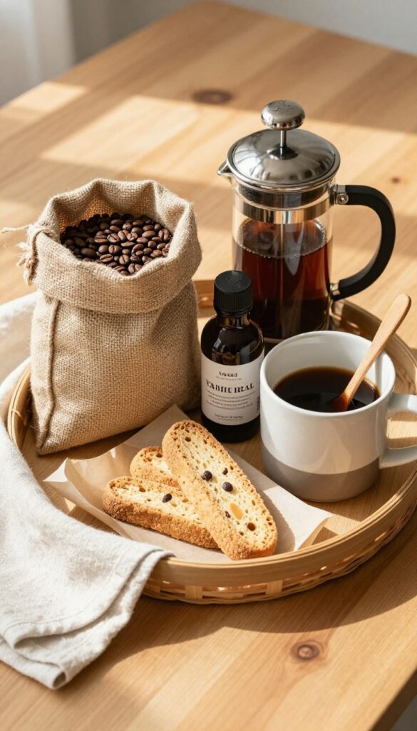 Coffee lover's self care basket with coffee beans, French press, syrup, mug, and biscotti on a wooden table in natural light.