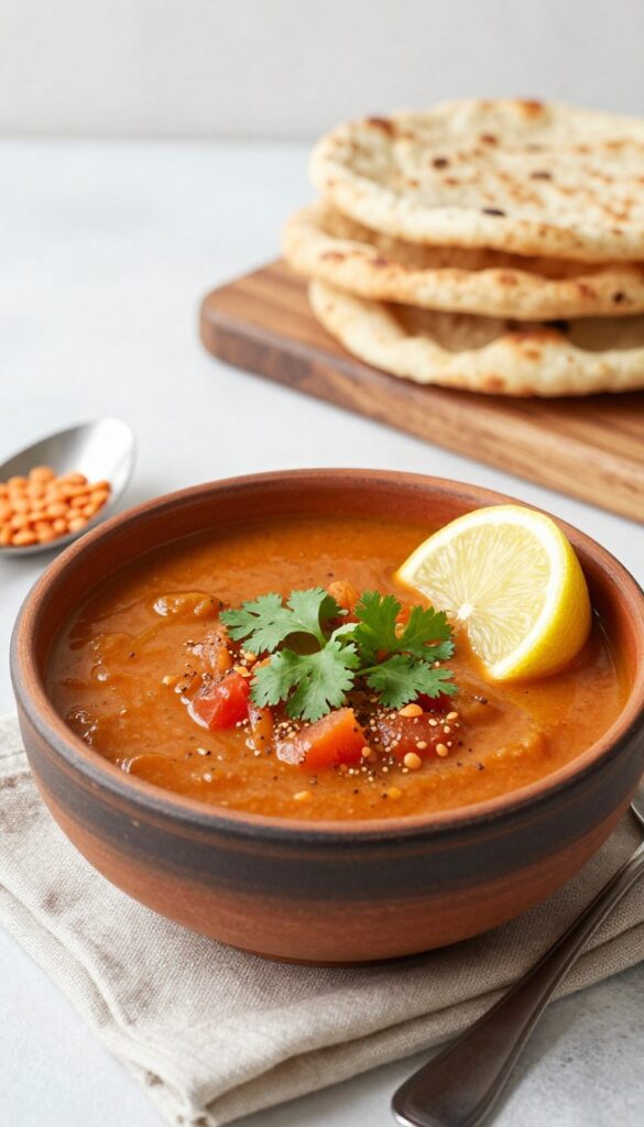 Bowl of red lentil soup with cilantro and lemon, rotis in background