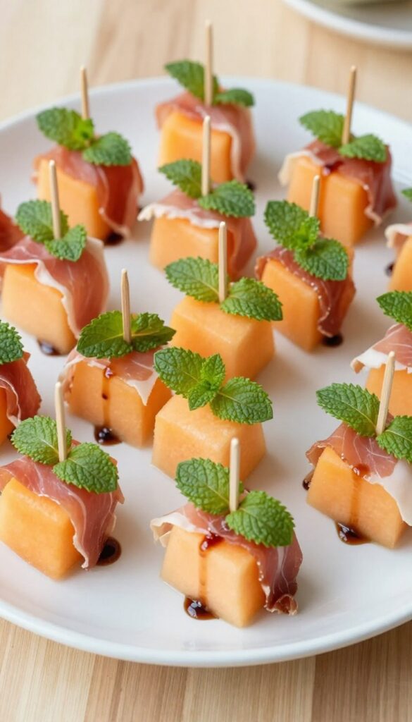 Prosciutto and melon bites with mint on a white platter