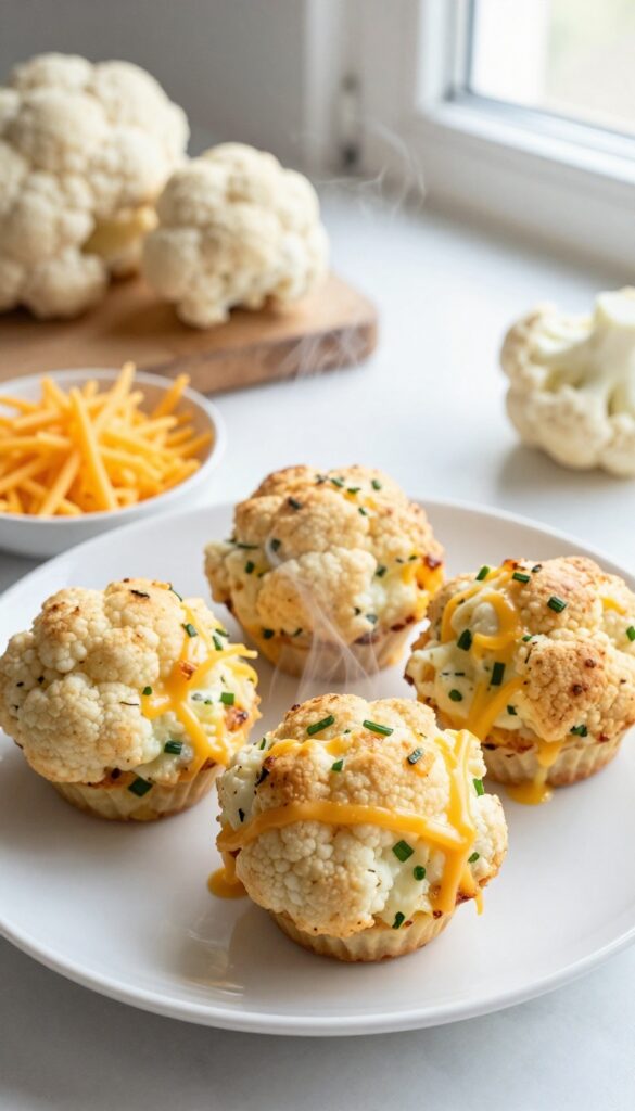 Cauliflower and cheddar egg muffins on a plate with cheese and cauliflower on the side.