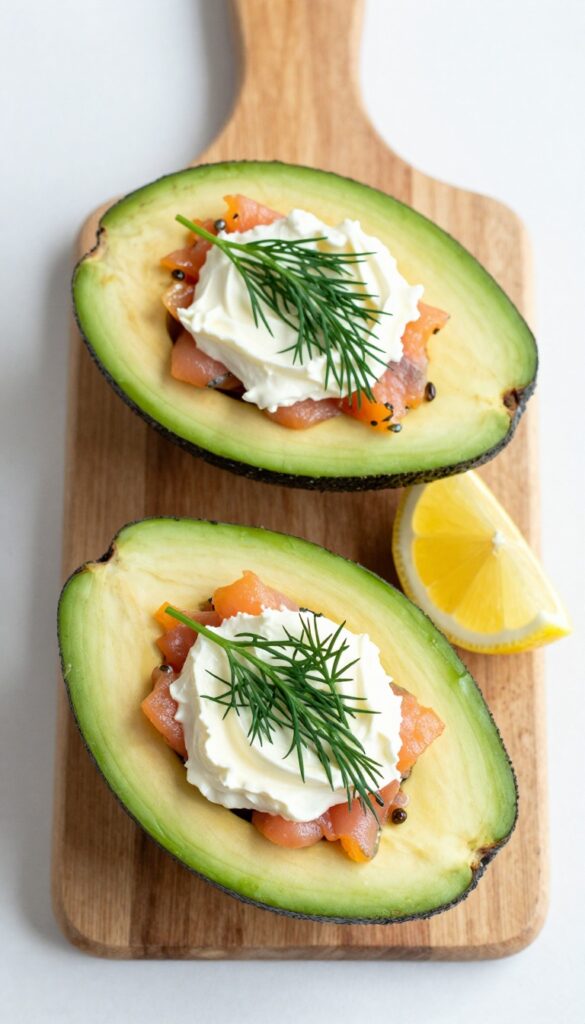 Avocado and smoked salmon boats on a wooden board