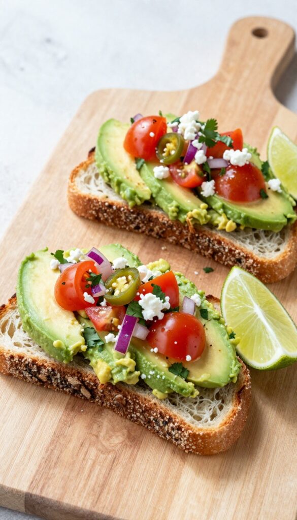 Avocado toast with pico de gallo and queso fresco on a wooden board.