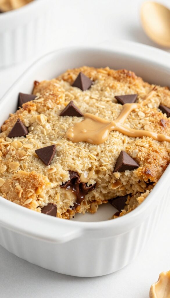 Peanut butter chocolate chip baked oats in a ramekin, golden and gooey, with a peanut butter drizzle.