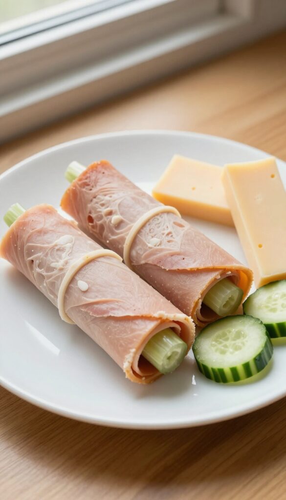 Turkey and cheese roll-ups on a white plate with cucumber spears and cheese stick on the side