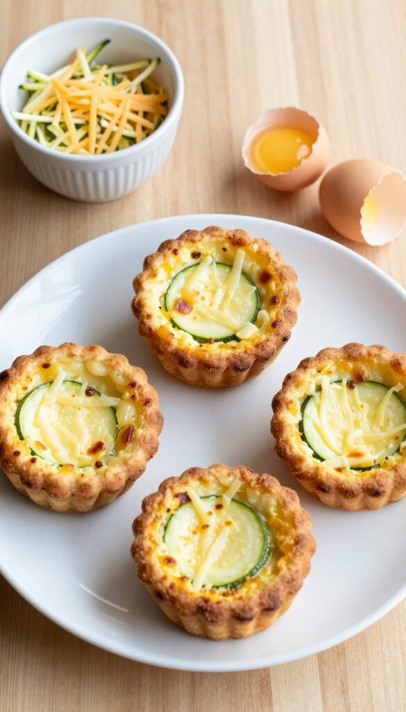 Zucchini and cheese egg muffins on a plate with ingredients on a wooden table