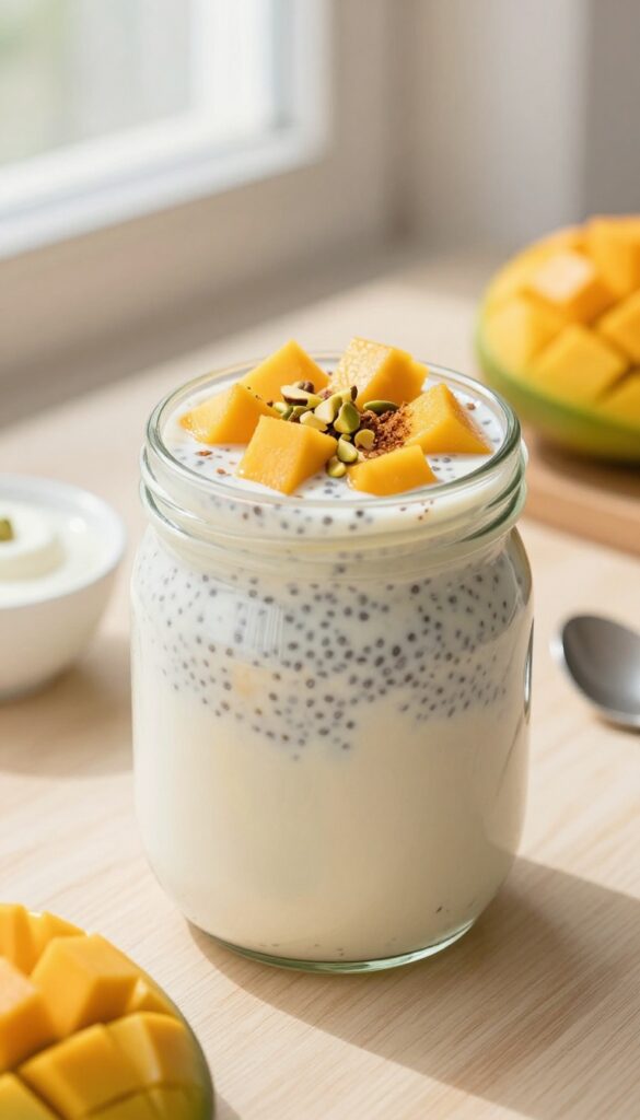 Mango lassi chia pudding in a glass jar with fresh mango and pistachios on a wooden table