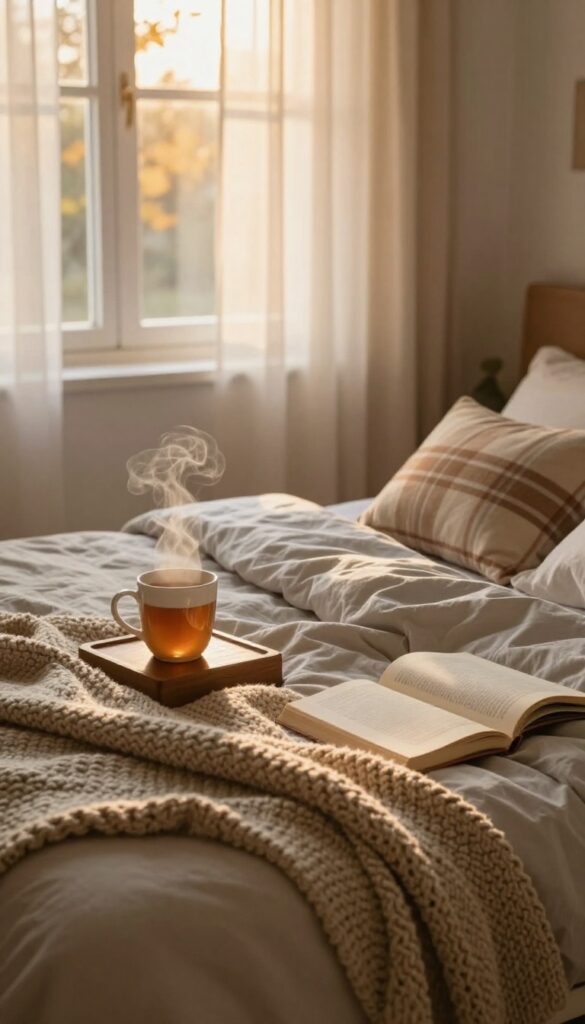 Person resting under a weighted blanket in a cozy fall bedroom with warm lighting and tea