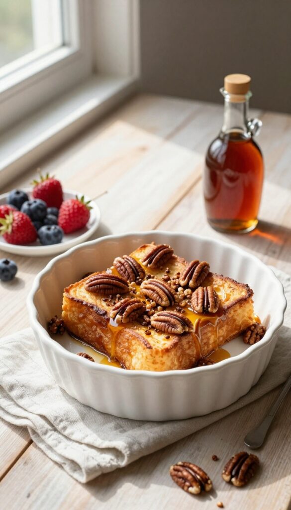 Golden overnight French toast casserole with maple pecan topping and fresh berries on a rustic table