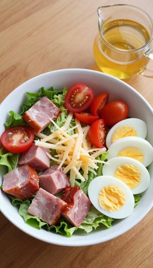 Overhead view of a ham and Swiss breakfast salad with hard-boiled eggs and Dijon vinaigrette in a white bowl on a wooden table.