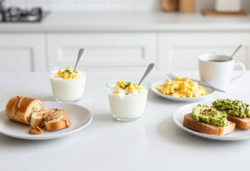 Assorted quick breakfast items on a kitchen counter including a peanut butter banana roll-up, yogurt parfait, mug of scrambled eggs, and avocado toast.