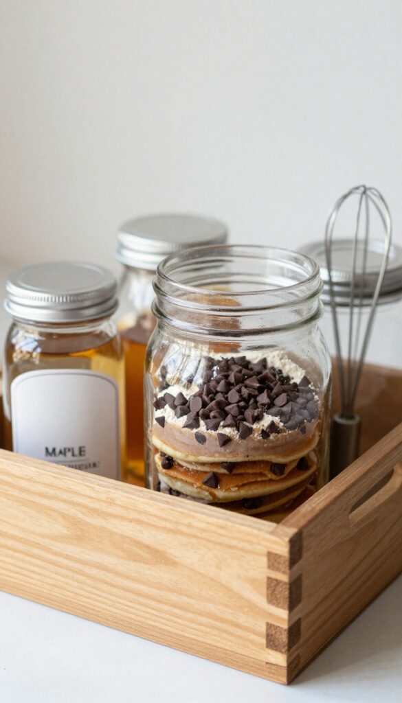 Chocolate chip pancake mix gift box with maple syrup and whisk