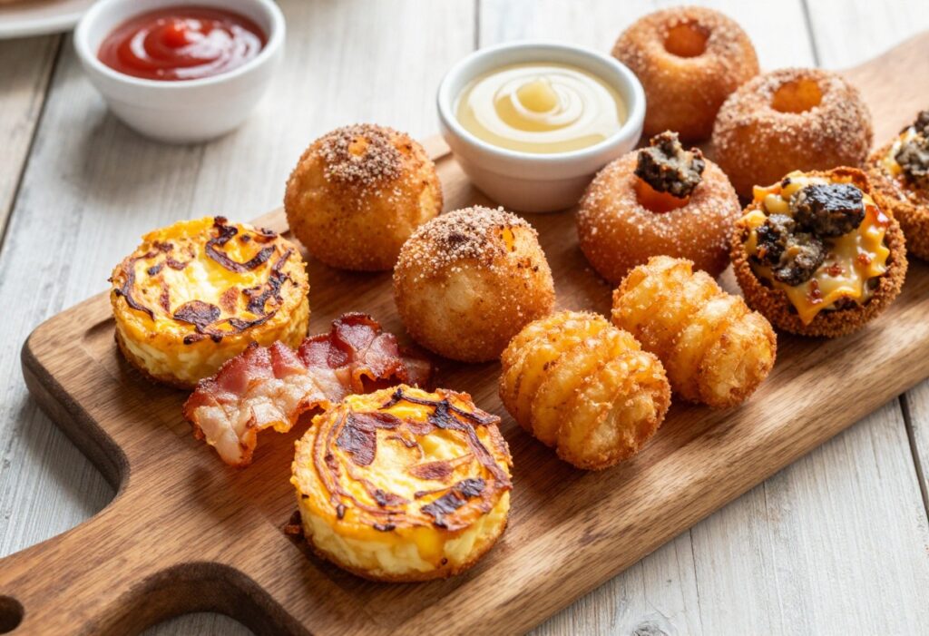 Assortment of air fryer breakfast bites on a wooden board with dipping sauces