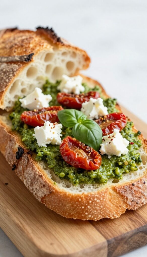 Pesto and sun-dried tomato toast with feta cheese on a wooden board