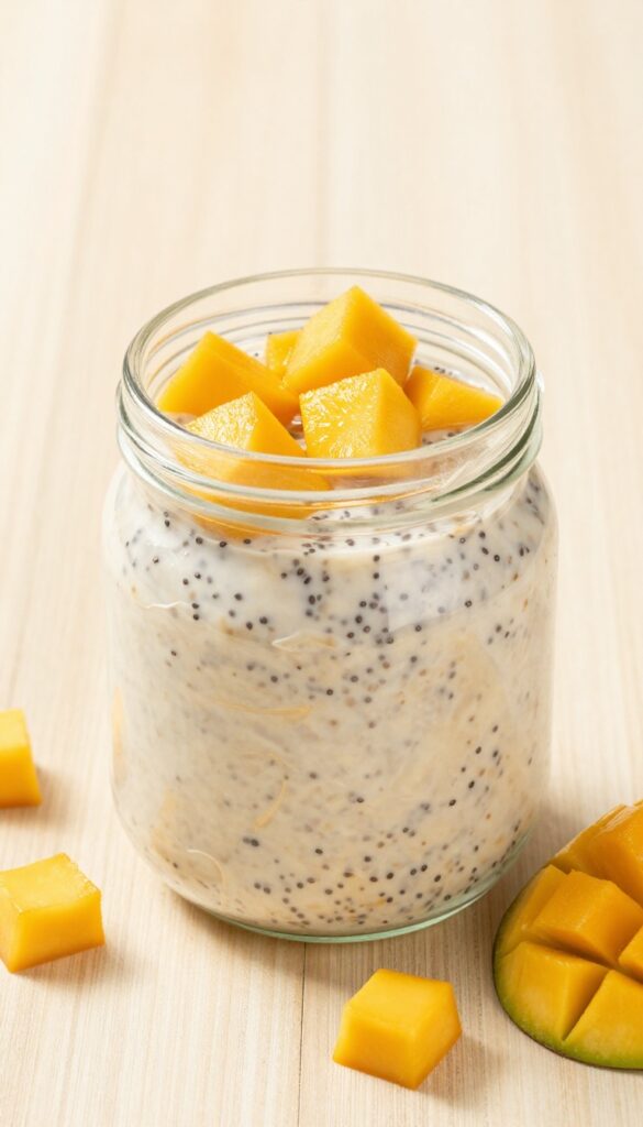Overnight oats with chia and mango in a glass jar on a wooden table