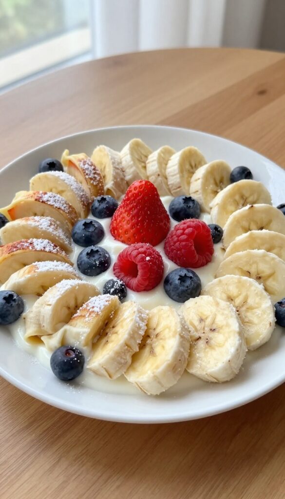 Yogurt-filled crepe pinwheels with fresh berries and banana on a white plate, dusted with powdered sugar, on a wooden table in natural light.