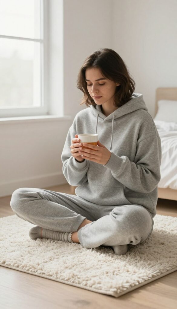 Woman in cozy oversized hoodie and fuzzy socks sitting on rug, holding warm tea, soft natural light, comfort and rest
