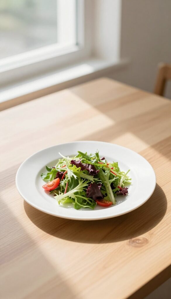 A peaceful screen-free meal setting with a colorful salad on a wooden table, soft natural light, and no distractions.