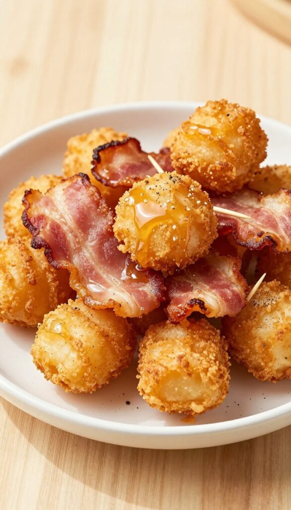 Crispy bacon-wrapped tater tots on a white platter, air-fried to golden perfection, with a glossy maple syrup finish.
