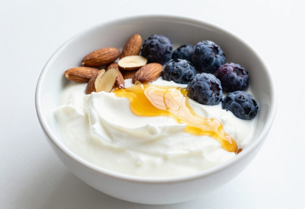 Greek yogurt bowl with berries and almonds