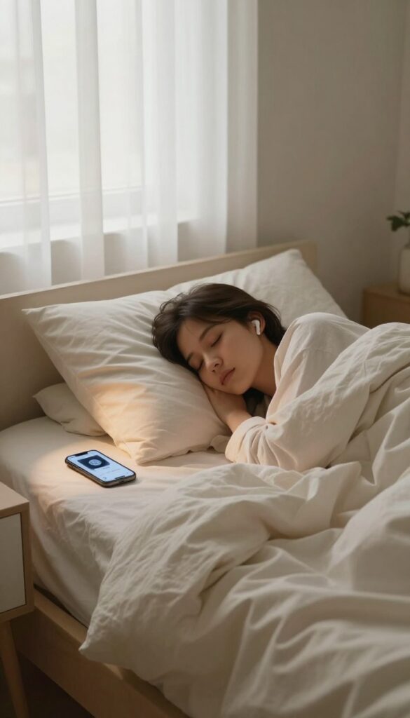 Person relaxing in bed listening to a sleep story or podcast with earbuds, cozy bedroom ambiance.