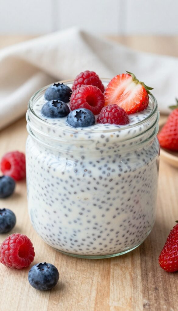 Coconut chia pudding in a jar topped with fresh berries on a wooden table