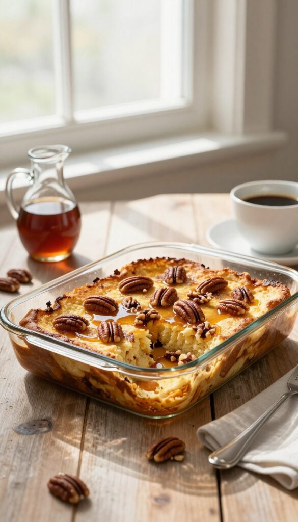French toast casserole with maple pecan topping in a baking dish on a wooden table